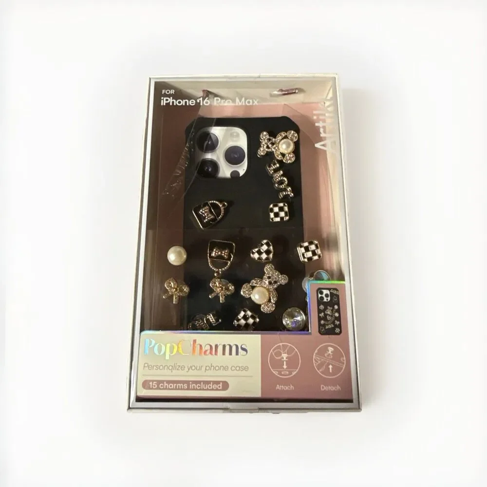 Artikl PopCharms Phone Case for iPhone 16 Pro Max Black Case with 15 Gold Charms
